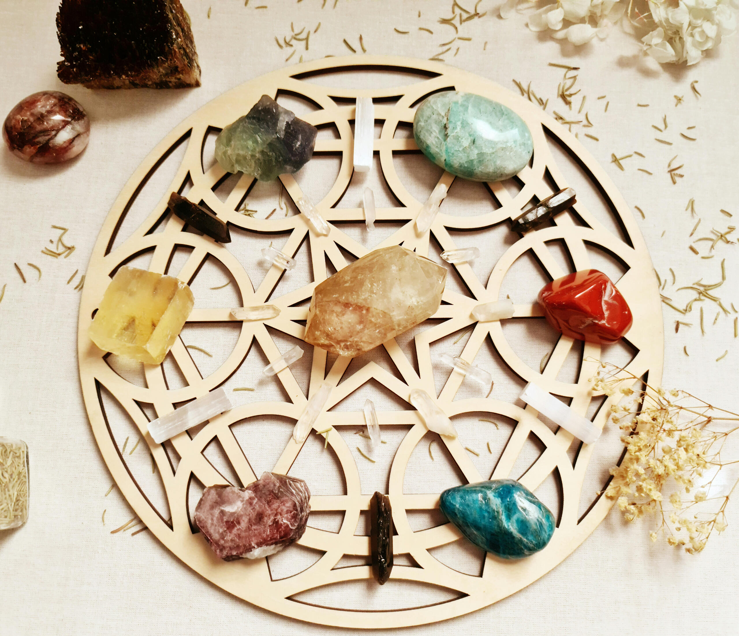 Image of a crystal grid with colourful crystals
